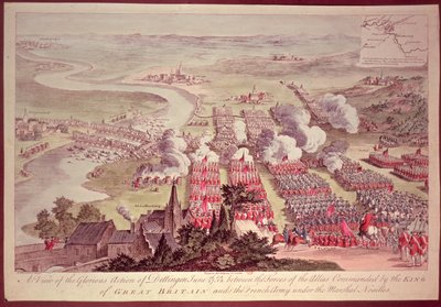 Een weergave van de glorieuze actie van Dettingen, 16-27 juni 1743, tussen de troepen van de bondgenoten onder bevel van de koning van Groot-Brittannië en het Franse leger onder maarschalk Noailles (1678-1766), gegraveerd door F. Daremberg